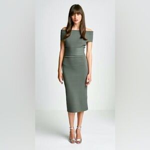 SCANLAN THEODORE CREPE KNIT OFF SHOULDER DRESS SAFARI GREEN COLD SHOULDER SMALL